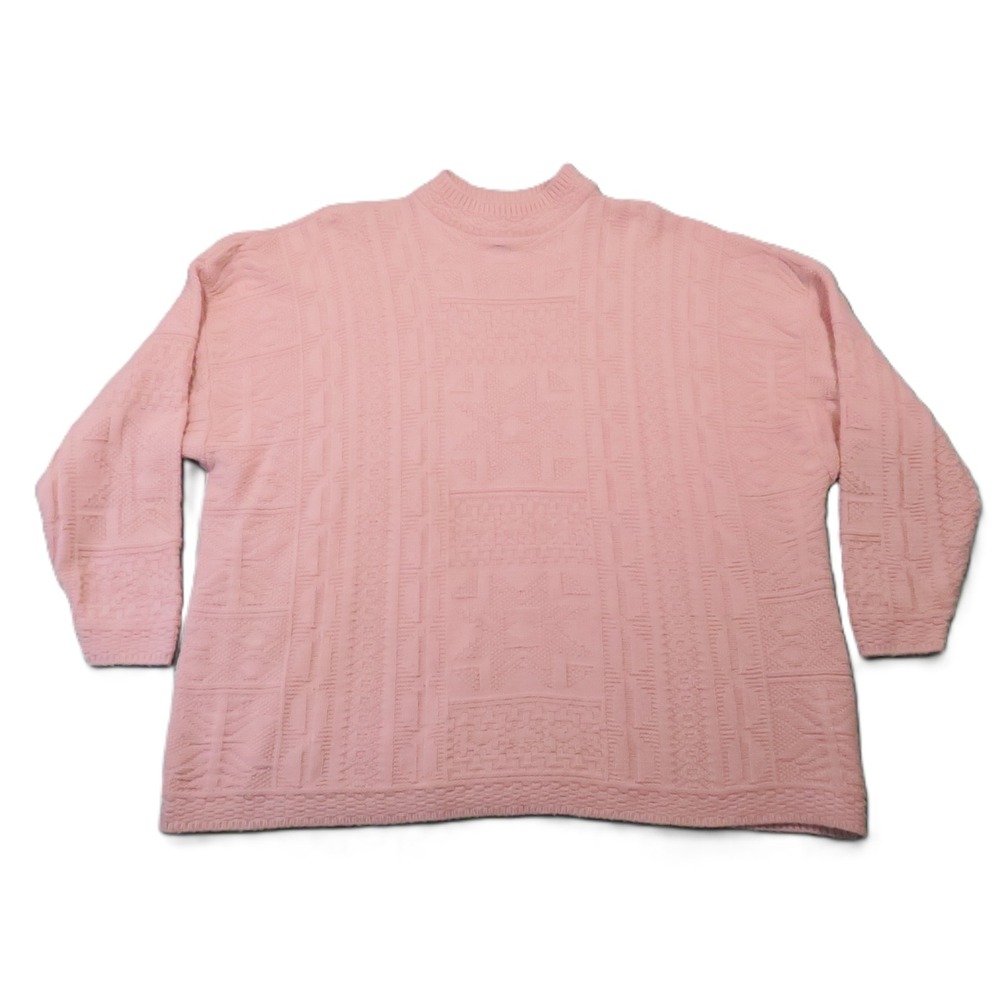 Spunky Geometric Knit Sweater One Size Pink Mock Neck Textured USA Slouchy Retro